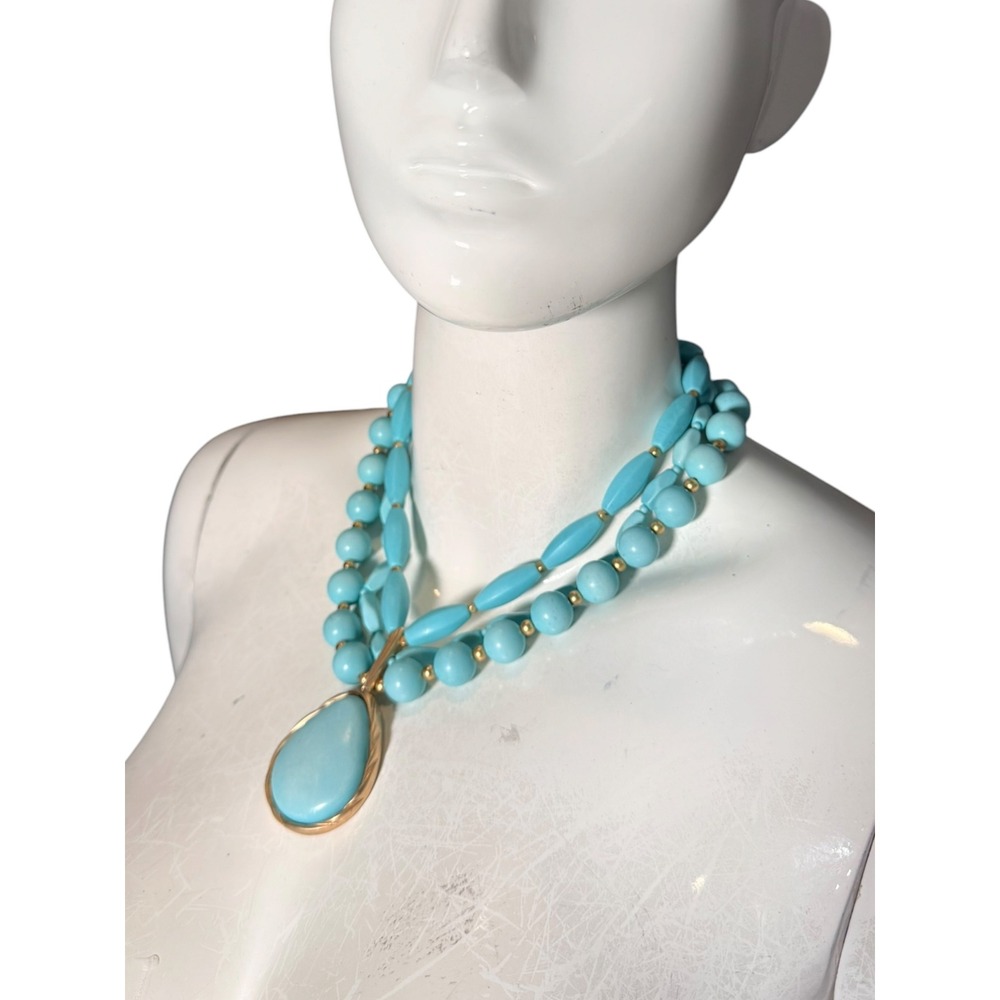 Chico's faux Turquoise Blue Beaded Triple Strand Teardrop Pendant Necklace gold - Picture 6 of 6